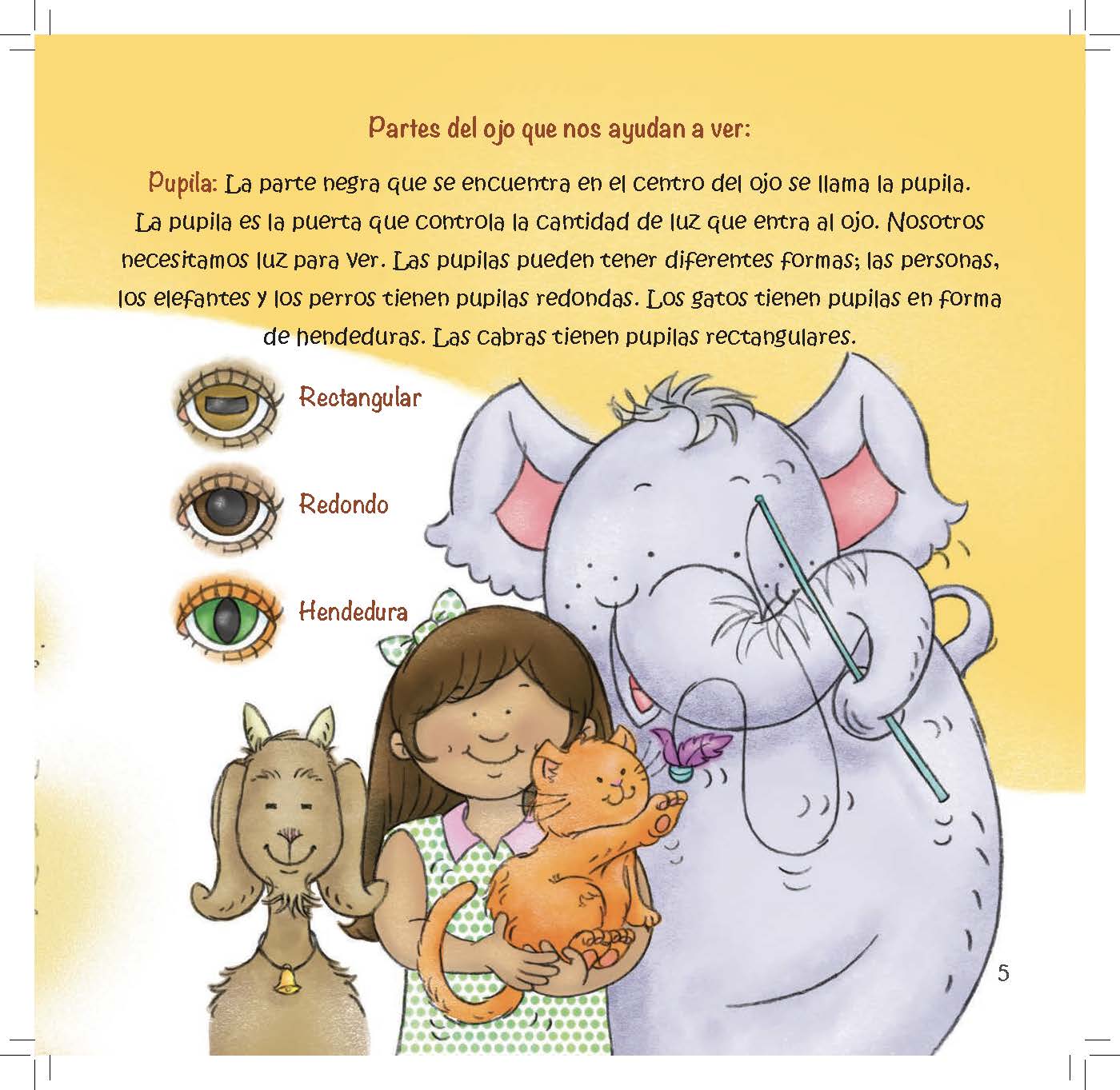 A girl holding a cat stands beside an elephant as different pupil shapes for goats, people, and cats are compared.