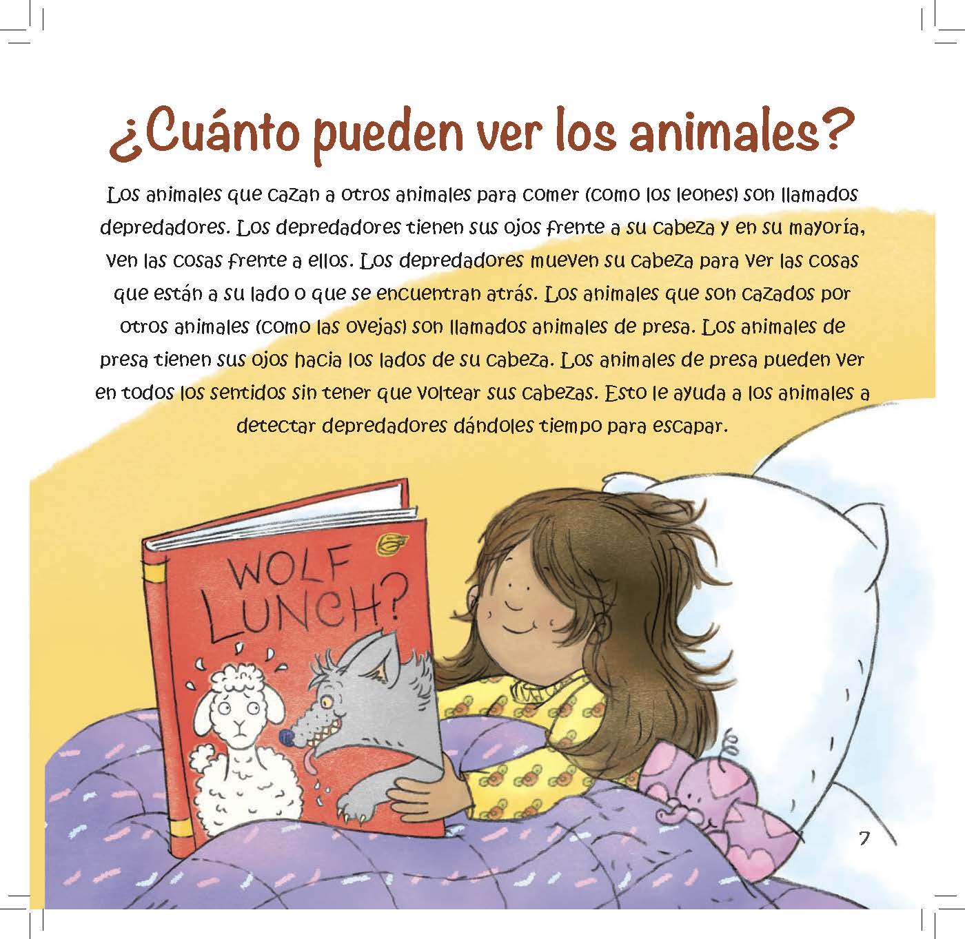 A girl reads a book in bed while text explains predator and prey eye placement and how it affects field of vision.