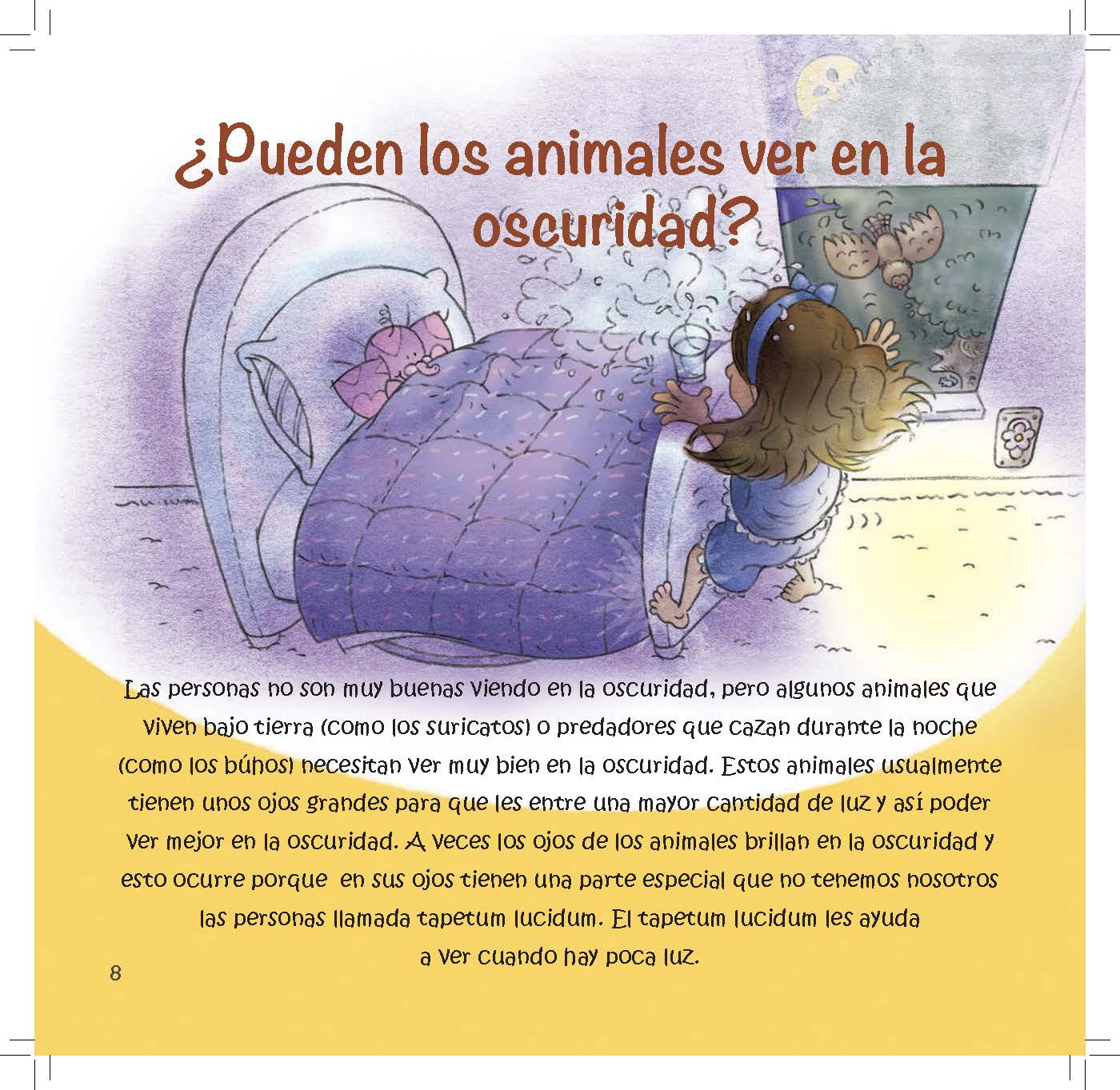 A girl in a dark bedroom looks toward glowing animal eyes as text explains the tapetum lucidum.