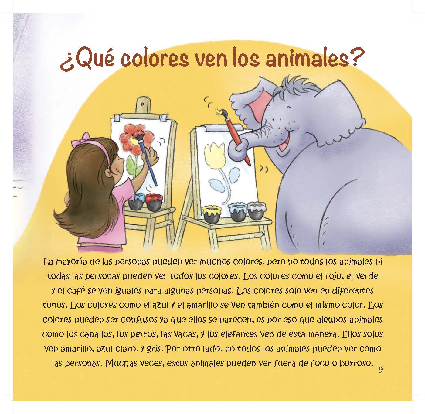 A girl and an elephant each paint pictures while the text explains that some animals see fewer colors than people.