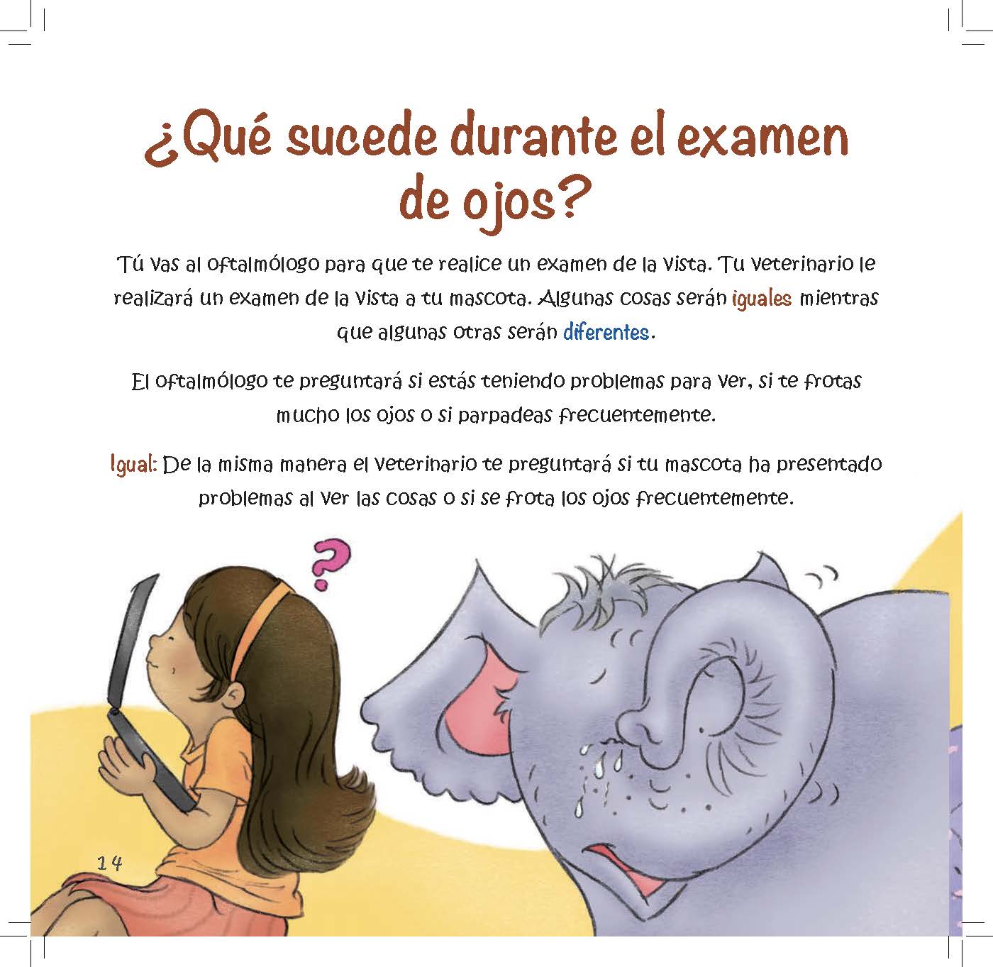 A girl points to her eye while an elephant squirms as the text compares questions asked by human eye doctors and veterinarians.