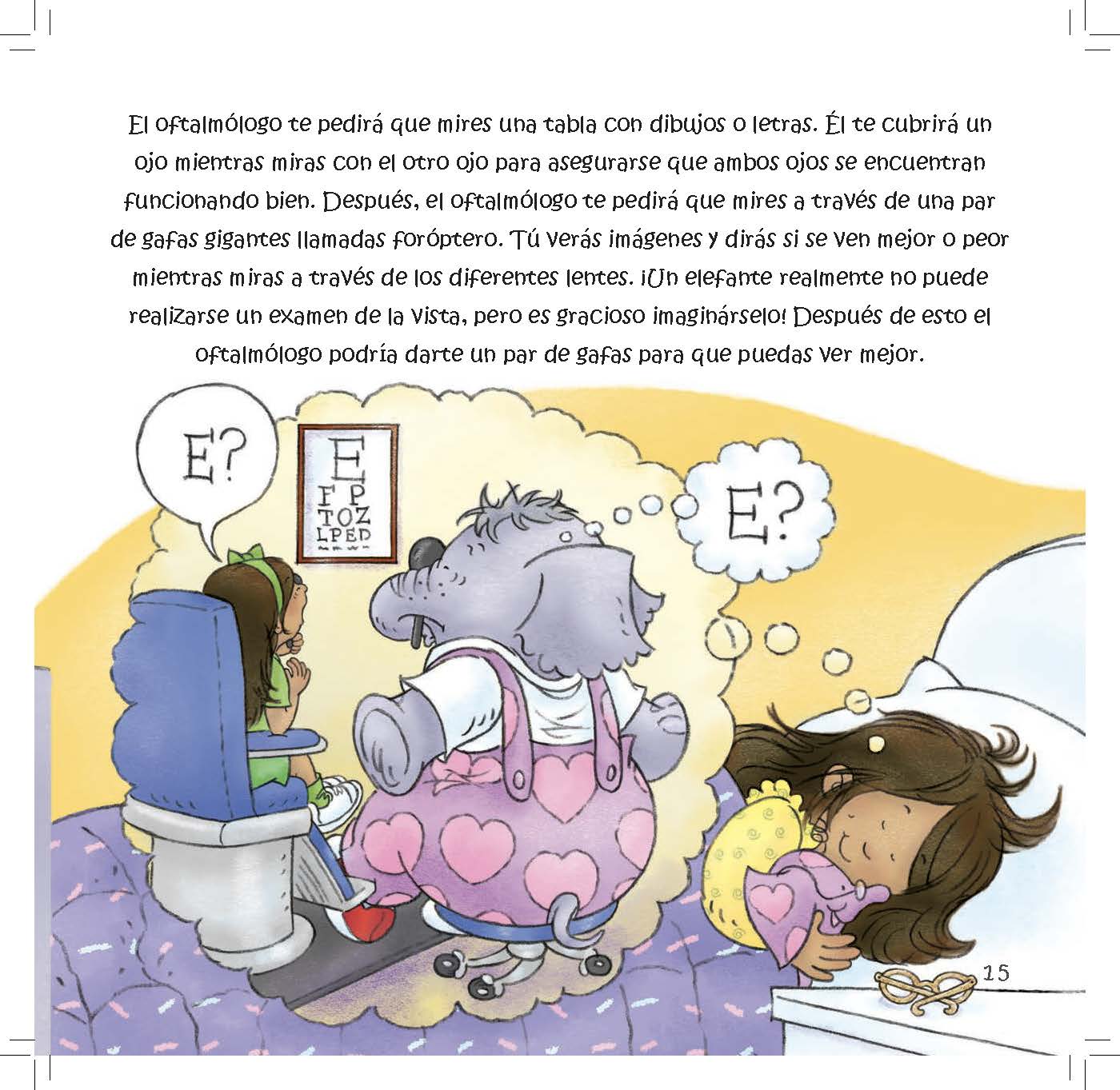 A girl uses an eye chart while an elephant imagines wearing giant glasses during an eye test.