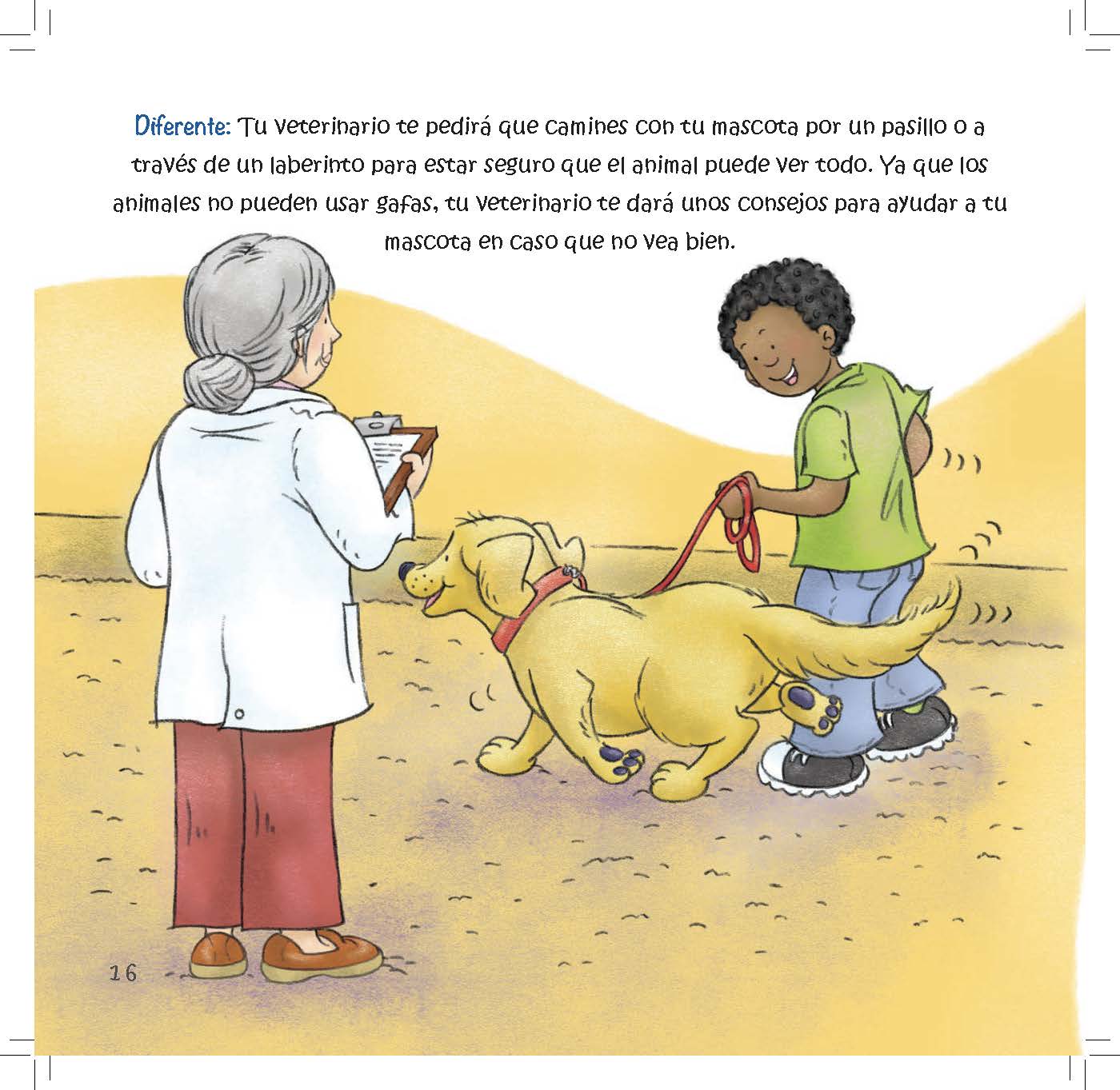 A veterinarian watches a boy walk his dog through a space to check how well it sees.