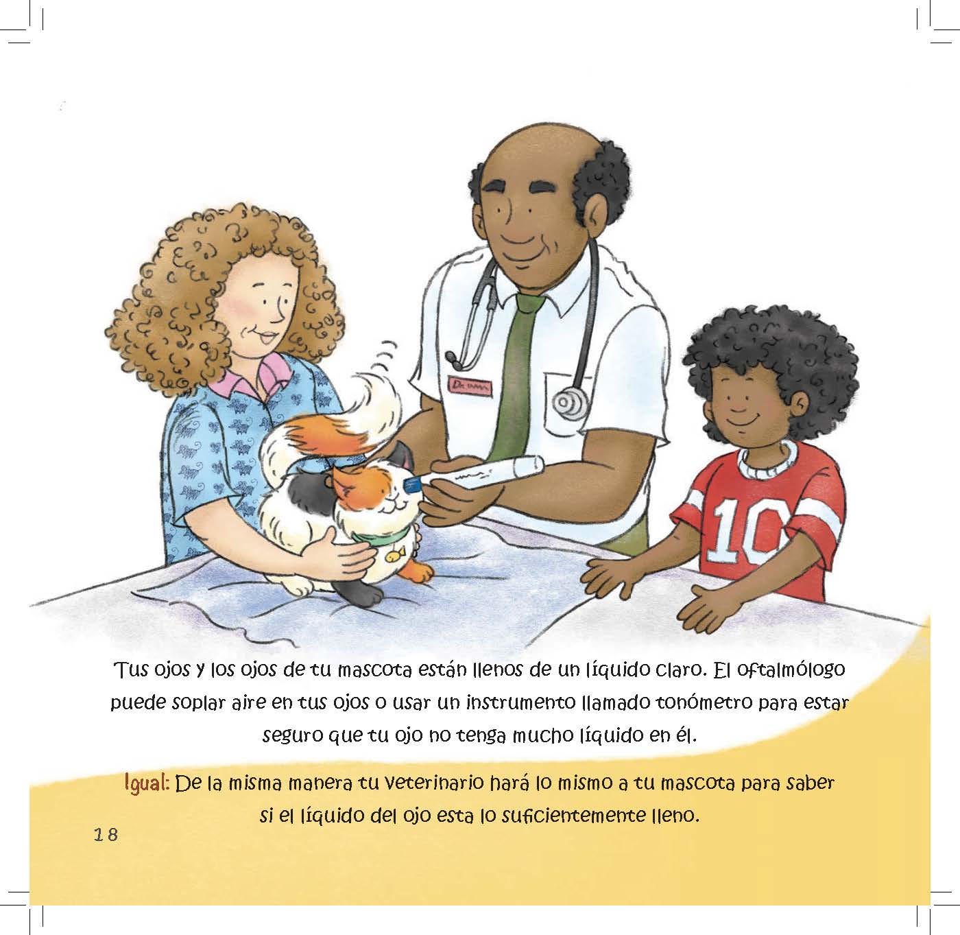 A veterinarian uses an instrument to check a chicken’s eye while a boy observes.