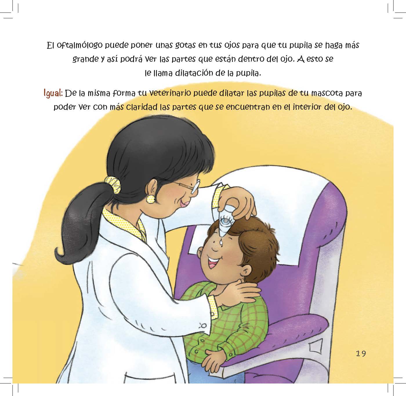 A doctor puts eye drops into a boy’s eyes to widen his pupils for examination.