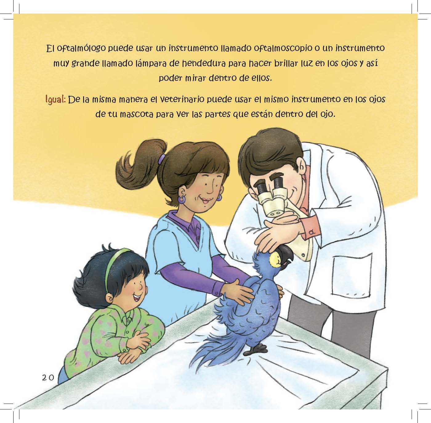 A veterinarian uses a slit lamp to examine a bird’s eye while a family watches.