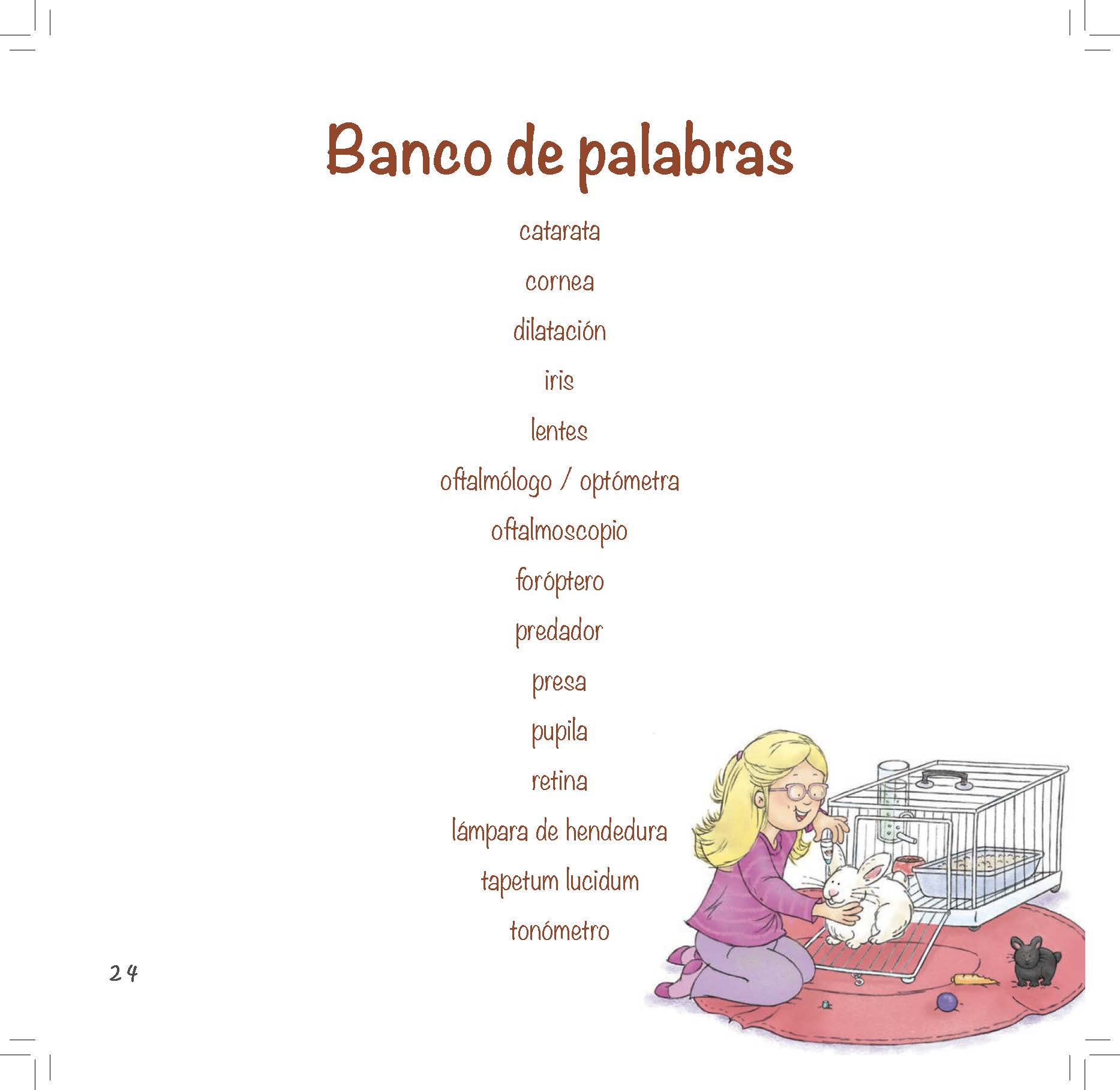 A vocabulary list about eye anatomy and tools appears beside a girl holding her pet rabbit.