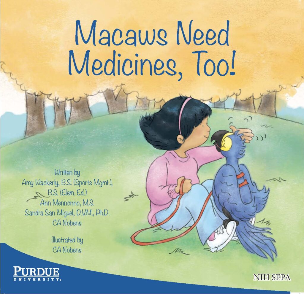 A girl gently holds a blue macaw while sitting outdoors to introduce a story about animals needing medicine.