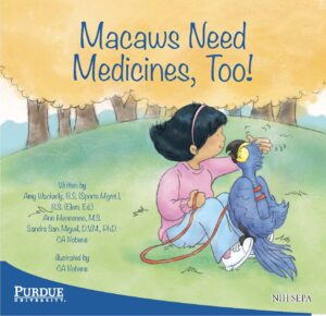 A girl gently holds a blue macaw while sitting outdoors to introduce a story about animals needing medicine.