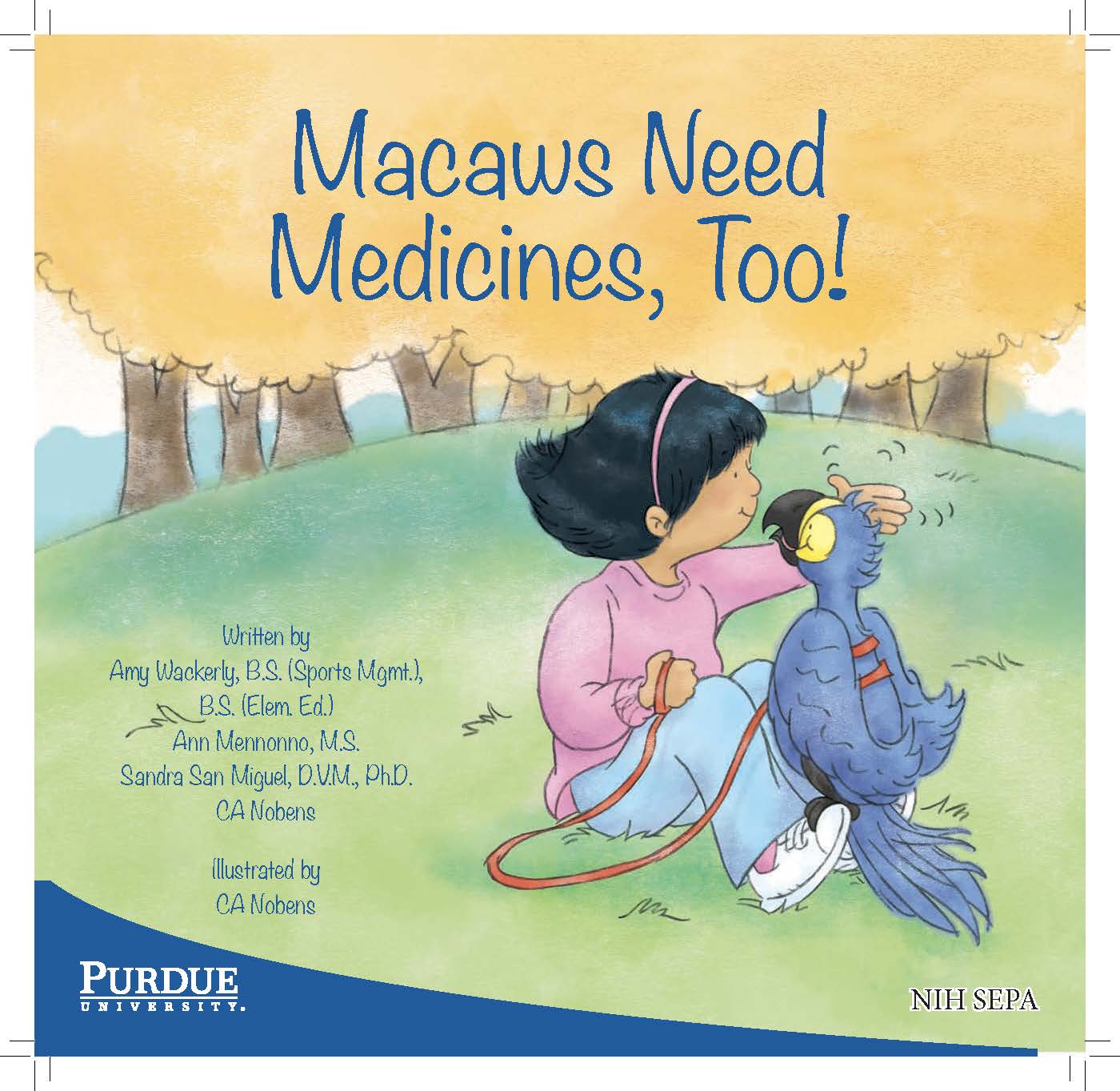 A girl gently holds a blue macaw while sitting outdoors to introduce a story about animals needing medicine.