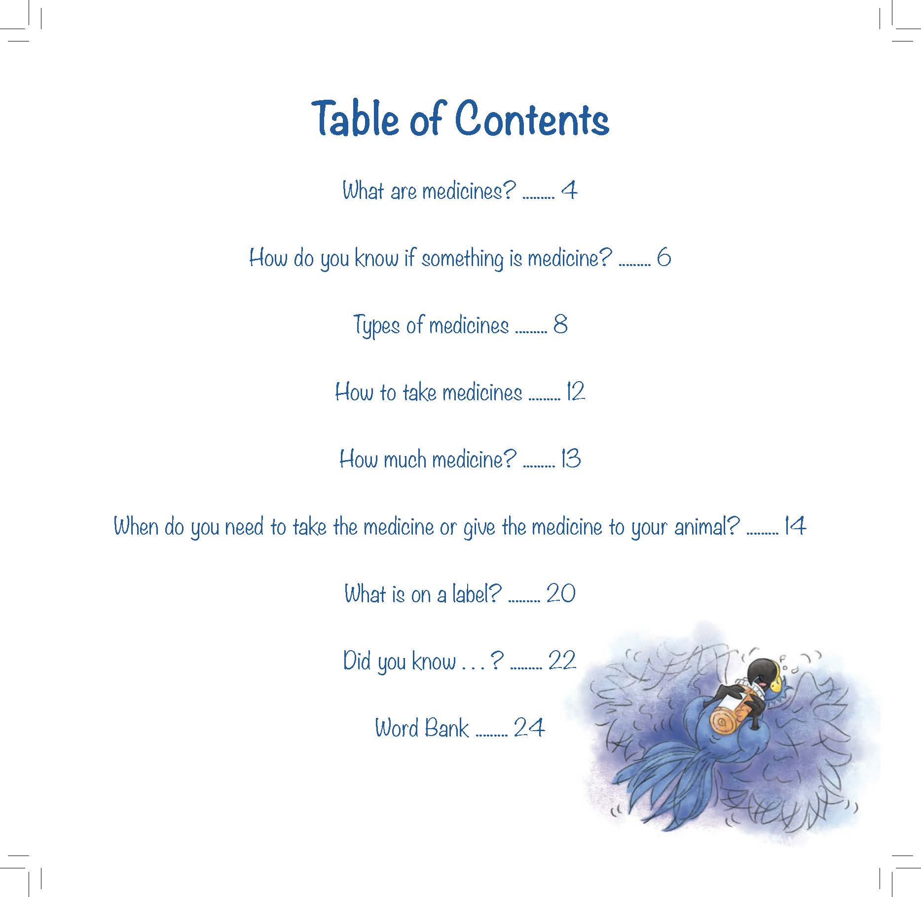 A table of contents lists topics about medicines with a small illustration of a girl cuddling a macaw.