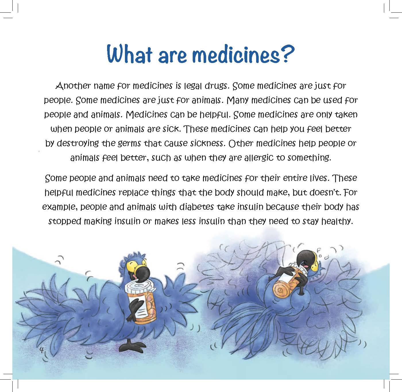 Two macaws rest with pill bottles as text explains that medicines help treat illness or replace substances the body cannot make.