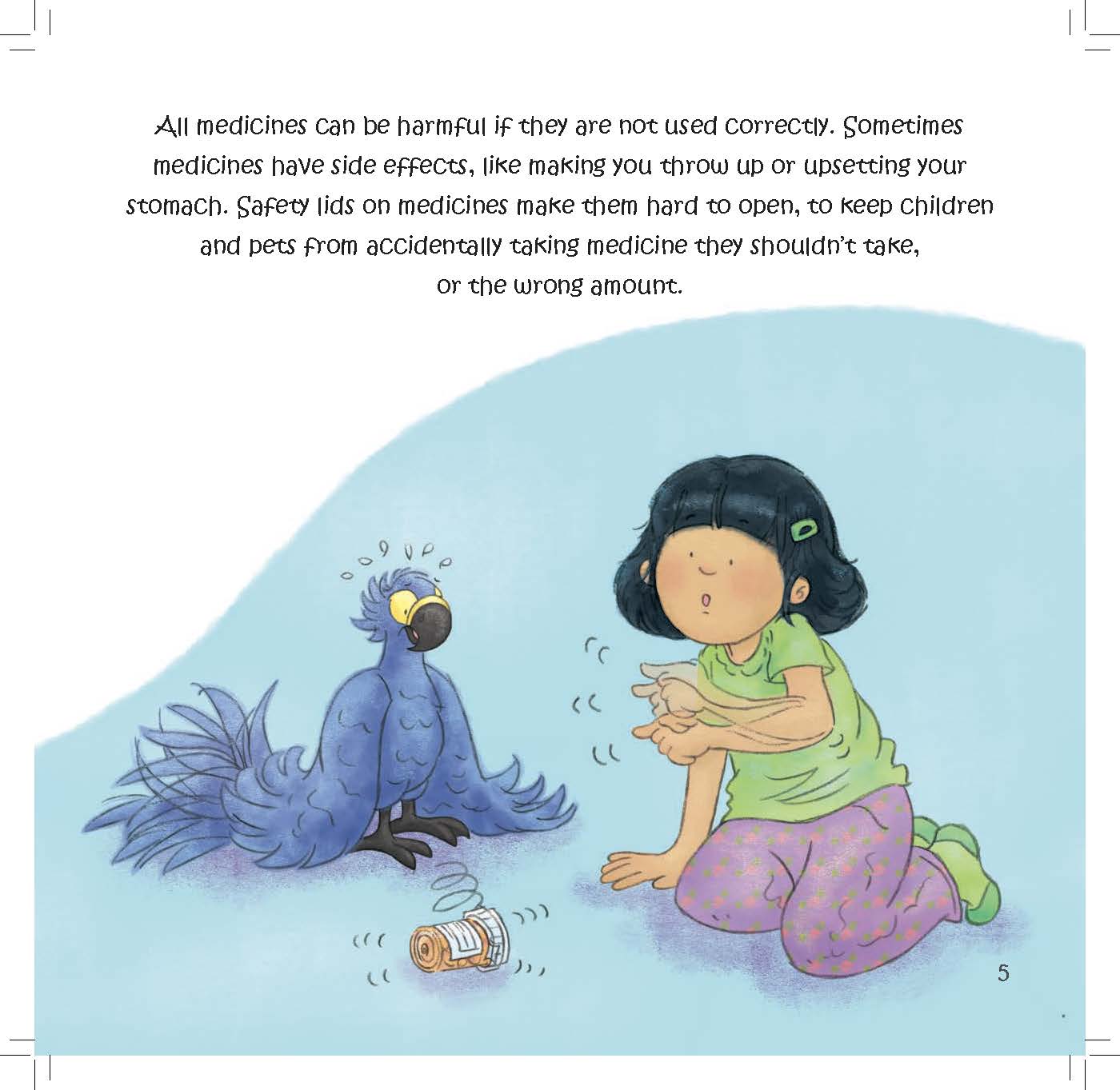 A girl watches a macaw play with a spilled medicine bottle while text explains that medicines can be harmful if not used correctly.