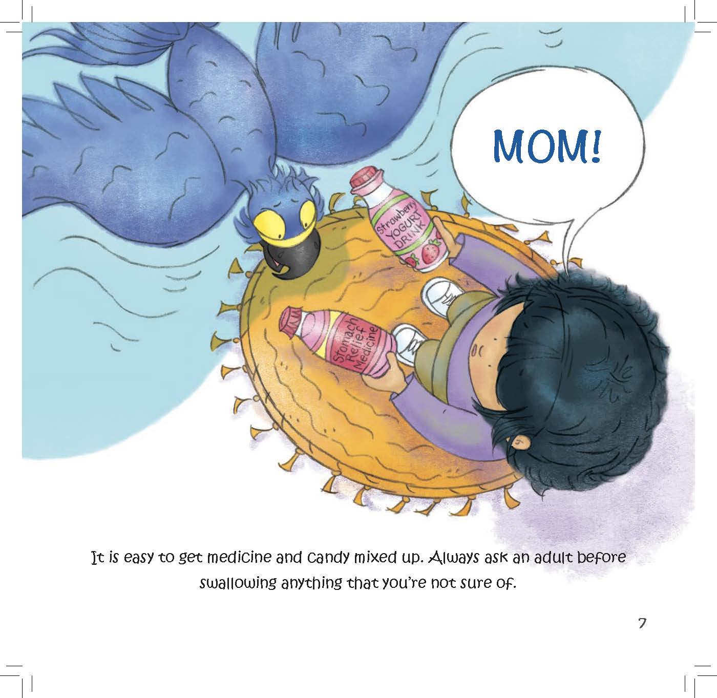 A child calls for an adult while holding a bottle that resembles candy to show the importance of checking before swallowing anything.