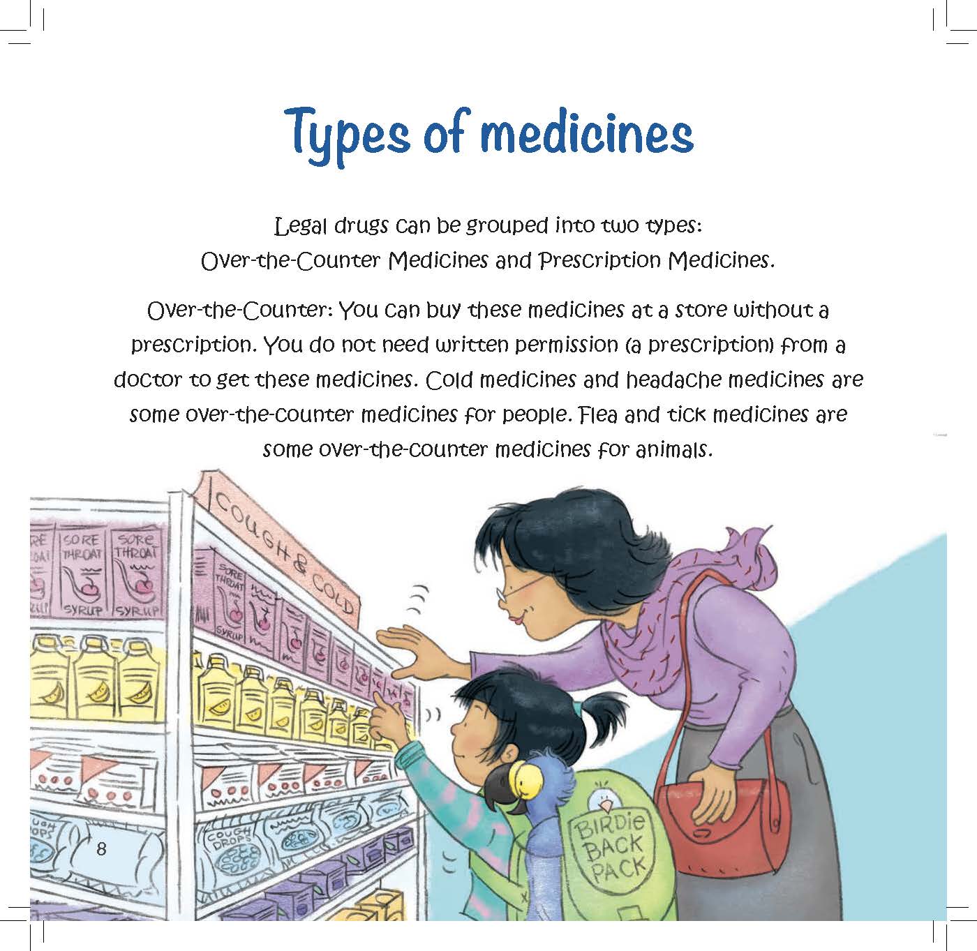 A mother and child look at medicine on a store shelf as text explains over the counter medicines.