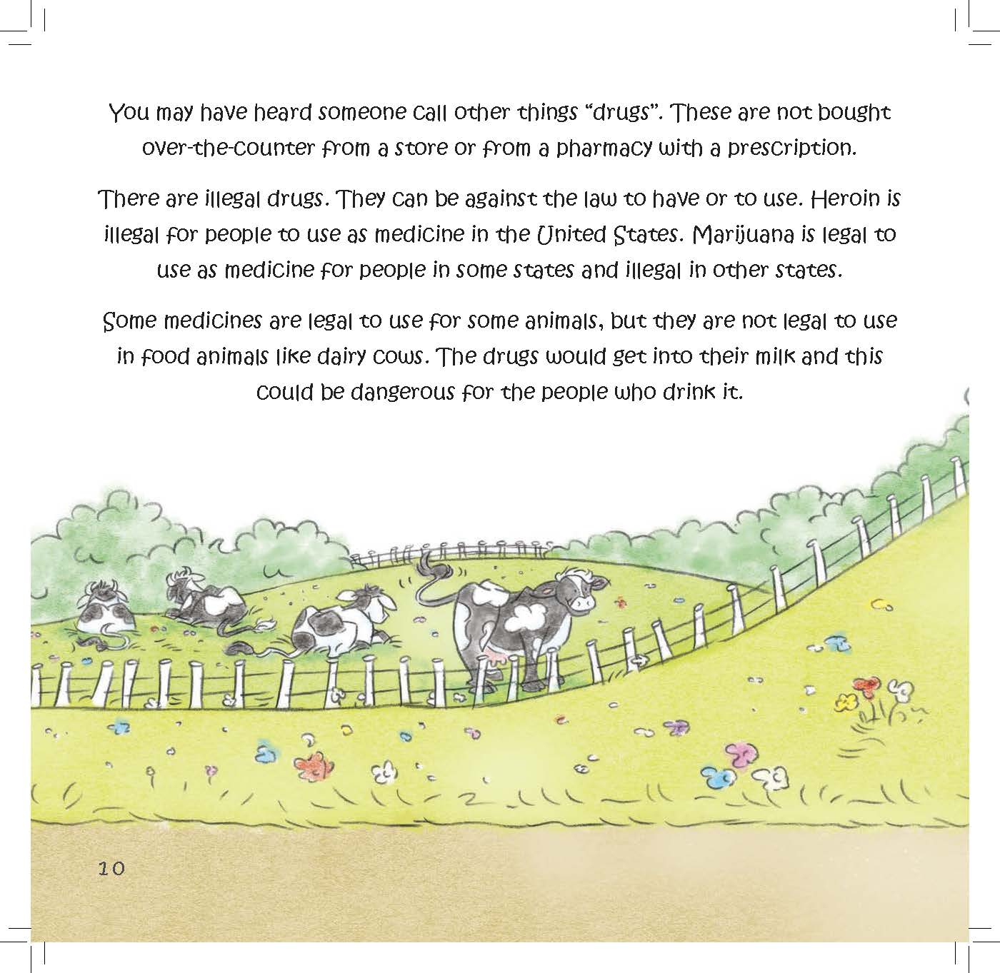 Cows grazing in a field accompany text explaining that some drugs are illegal or unsafe for food animals.