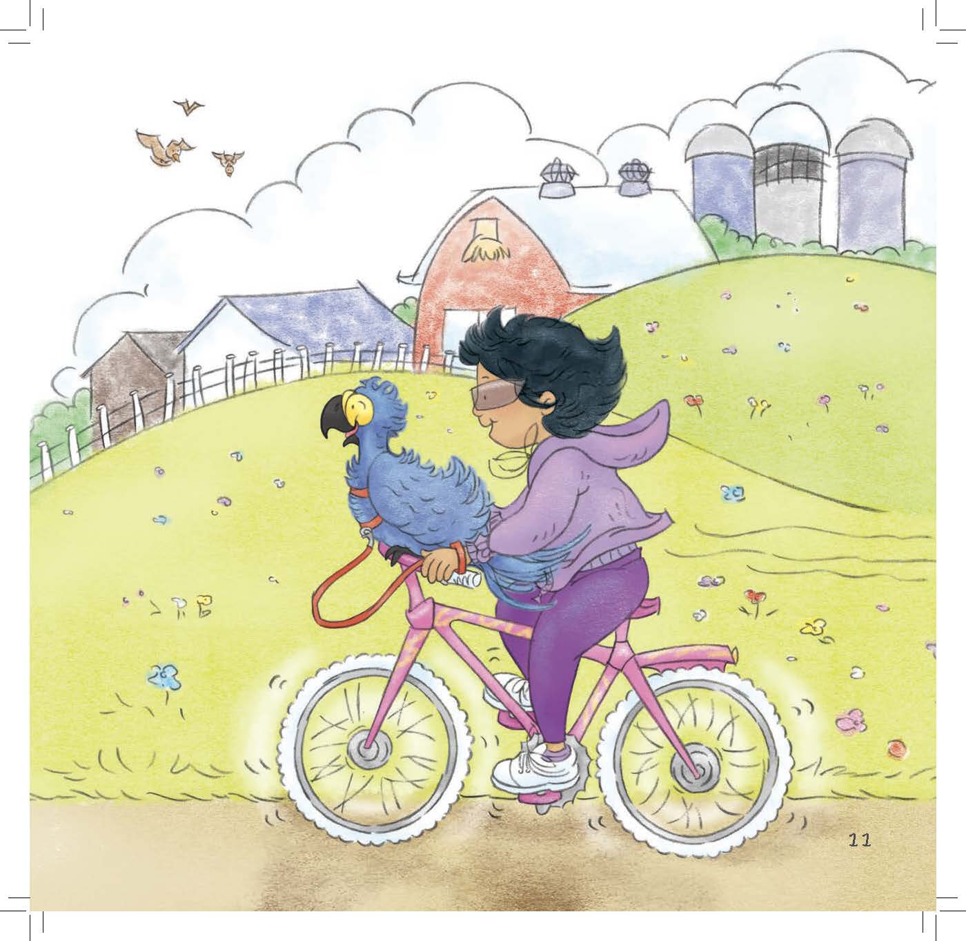 A girl rides a bicycle with her macaw sitting on the handlebars in a bright farm landscape.