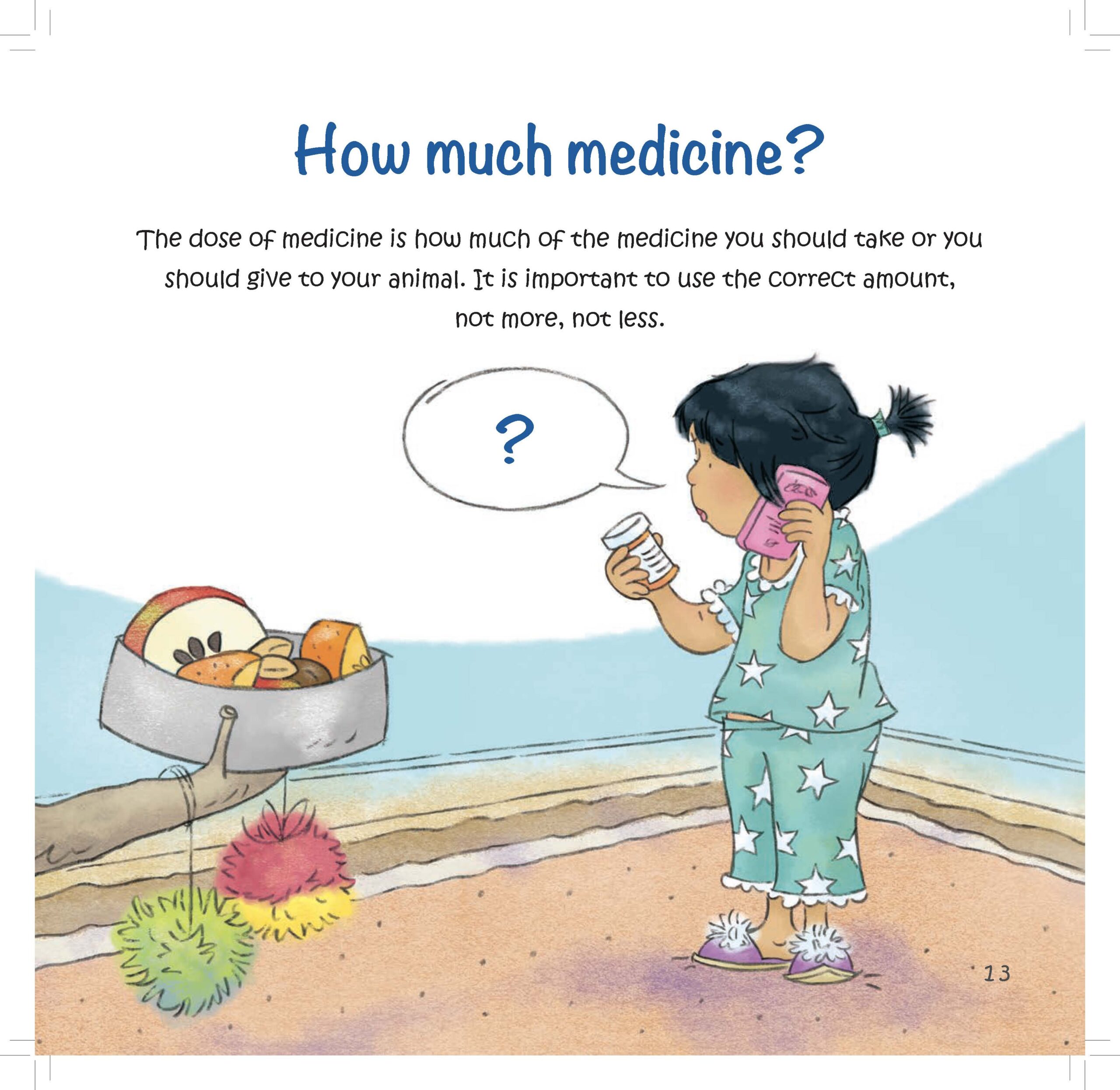 A girl holding medicine bottles looks uncertain as text explains that taking the correct dose is essential.