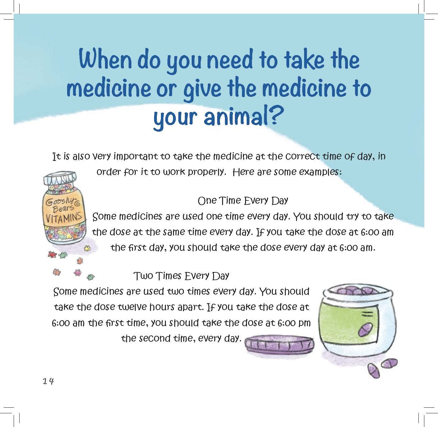 Illustrations of medicine containers accompany text explaining taking medicines once or twice a day at consistent times.