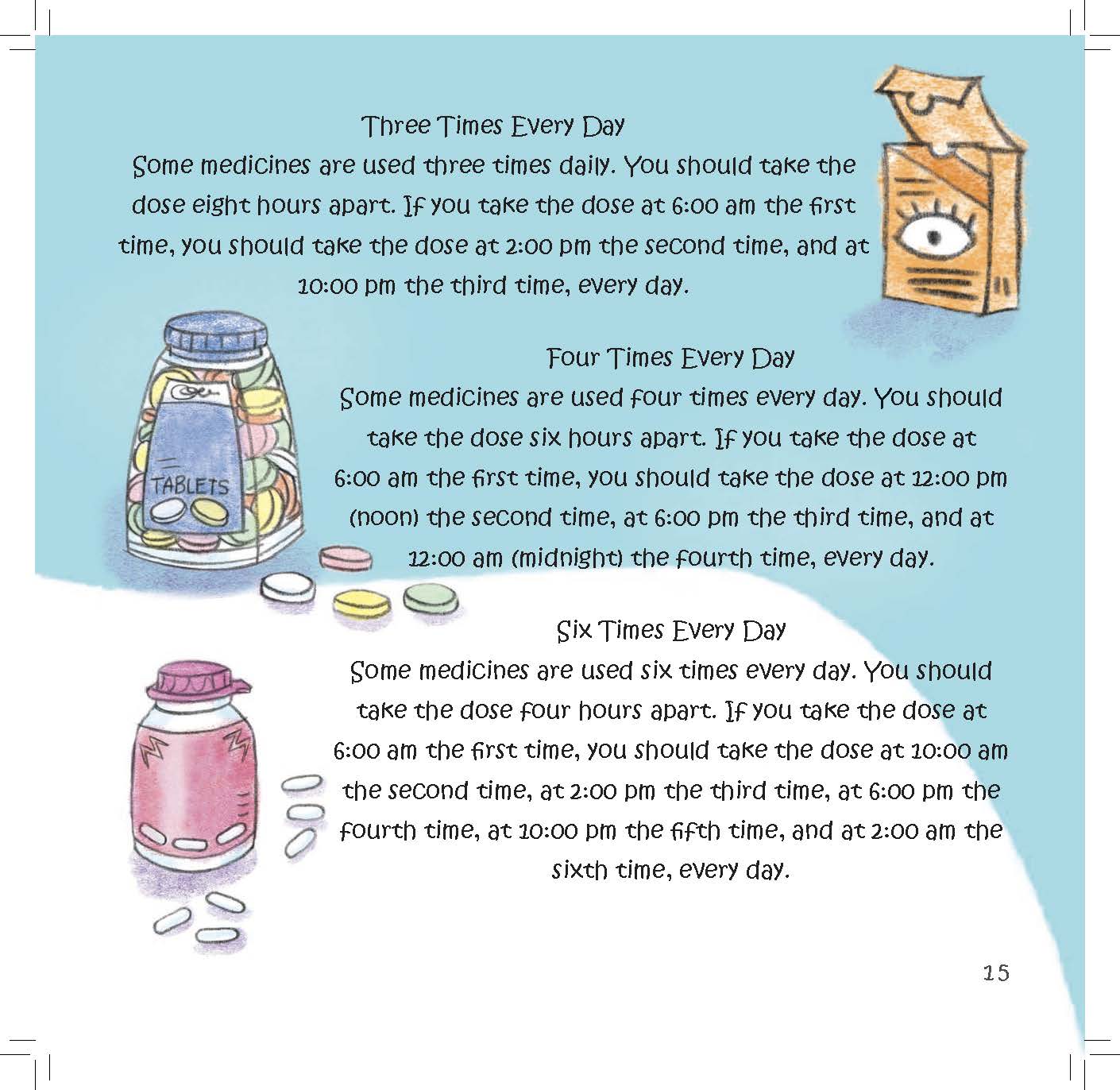 Medicine bottles and tablets illustrate how some medicines must be taken at regular intervals multiple times per day.