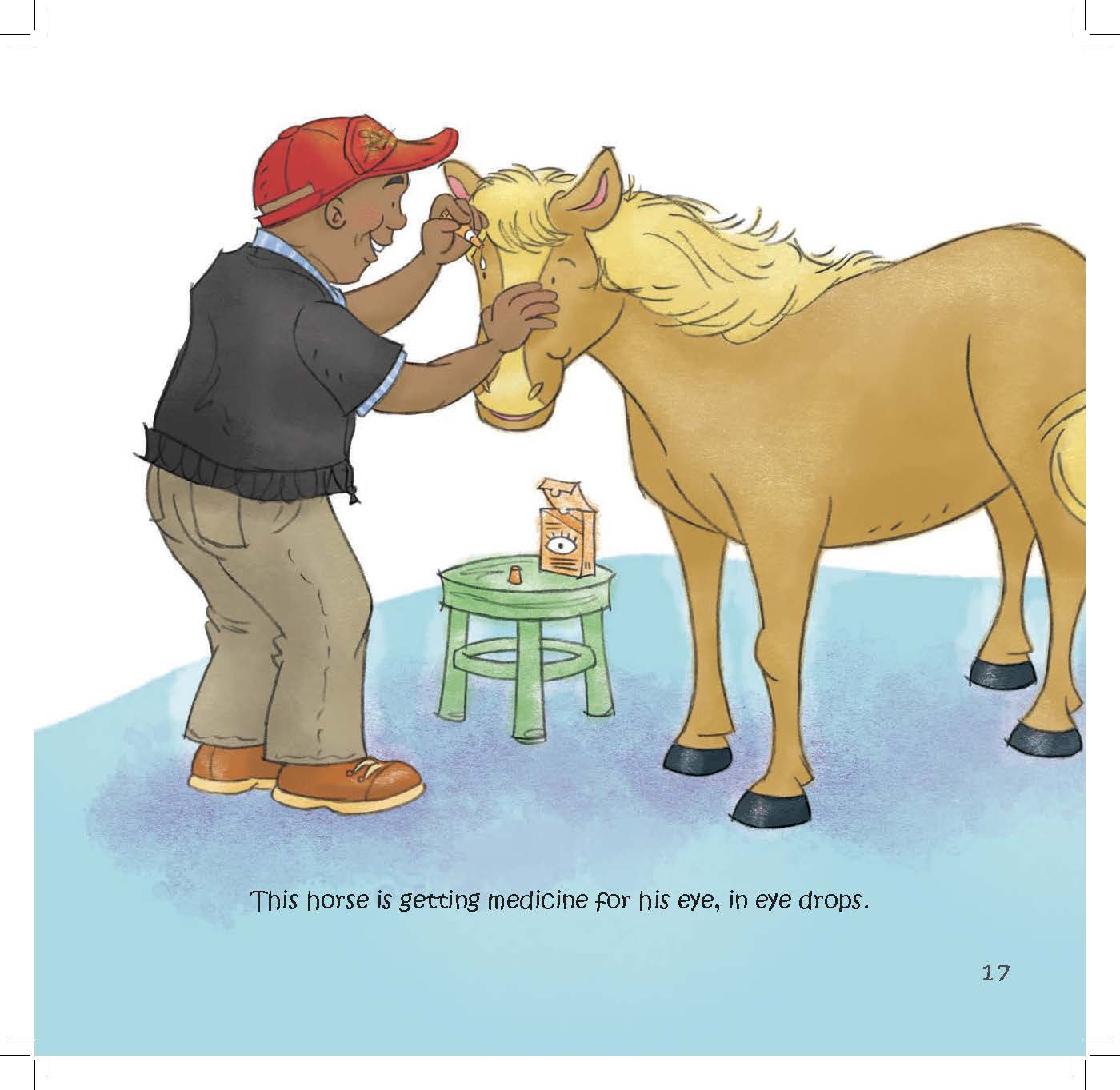 A man administers eye drops to a horse that is receiving treatment.