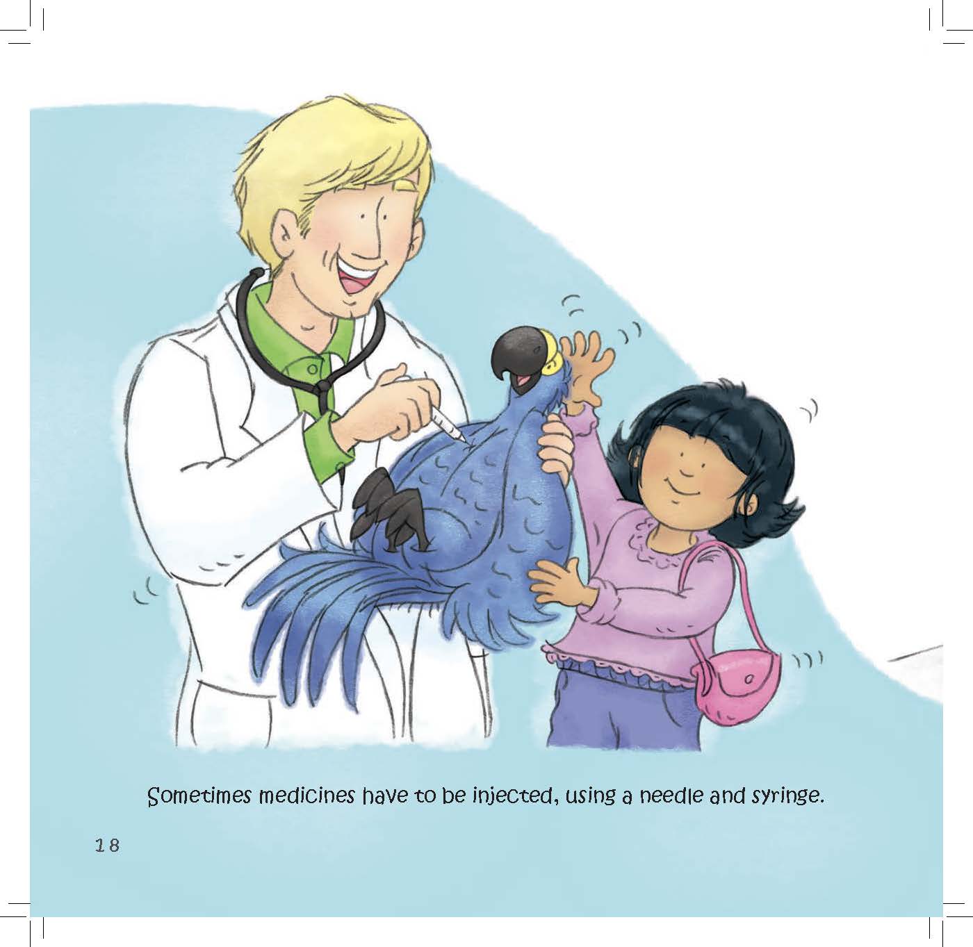 A veterinarian prepares to give the girl’s macaw an injection with a syringe.