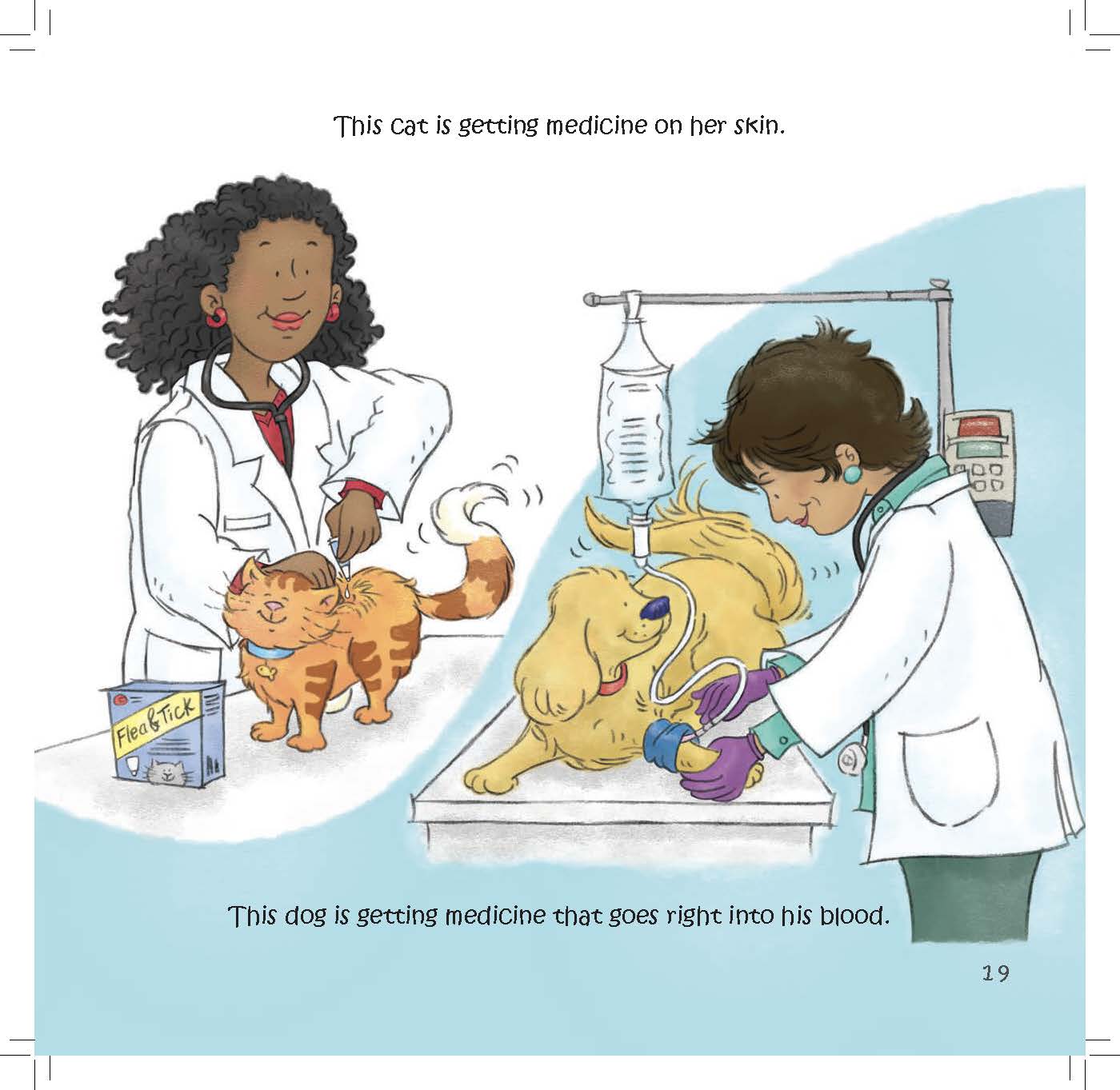 A veterinarian applies medicine to a cat’s skin while another treats a dog with intravenous medicine.