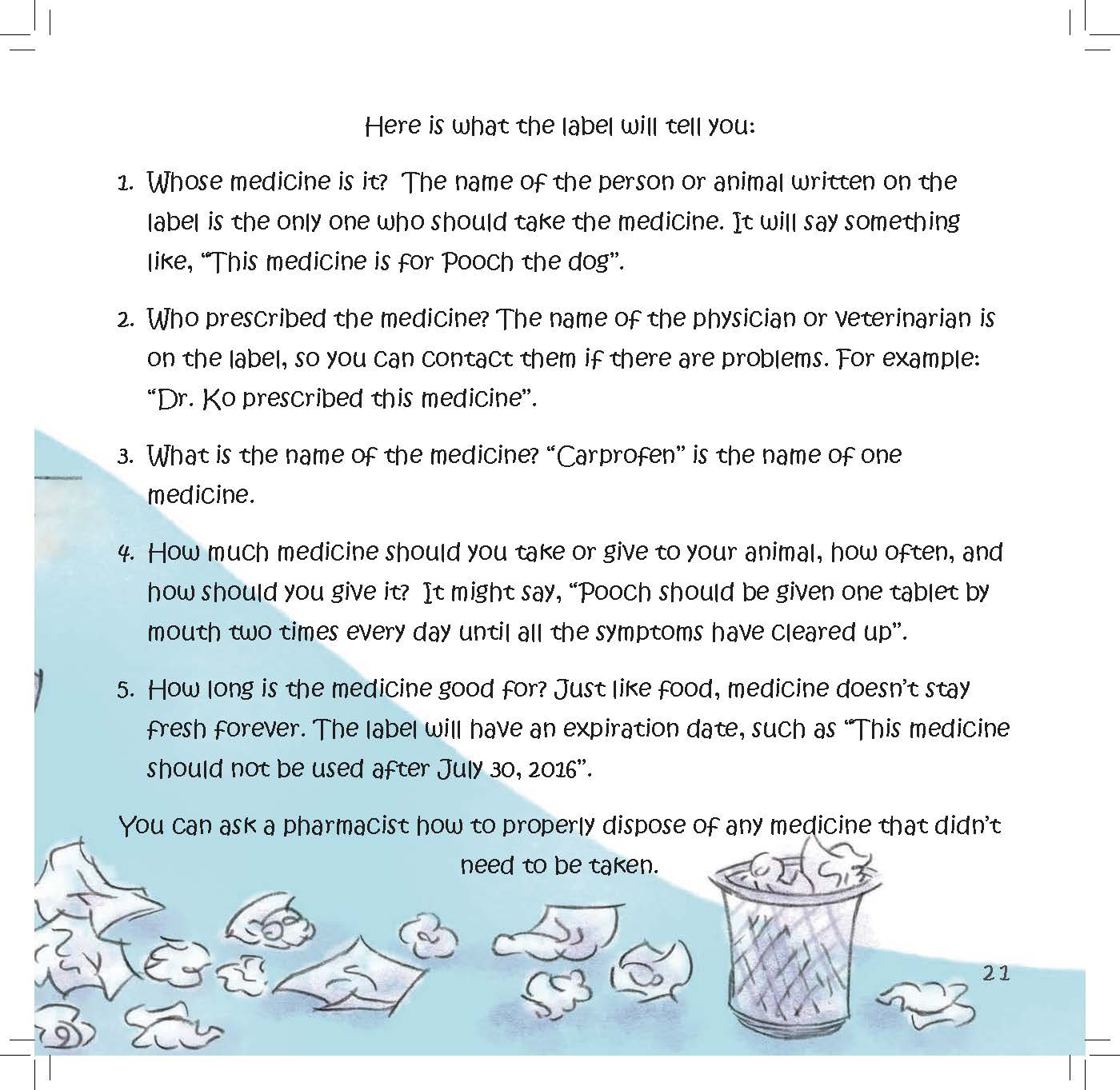 Text explains key parts of a medicine label with a small illustration of a trash bin for disposing unused medicine.