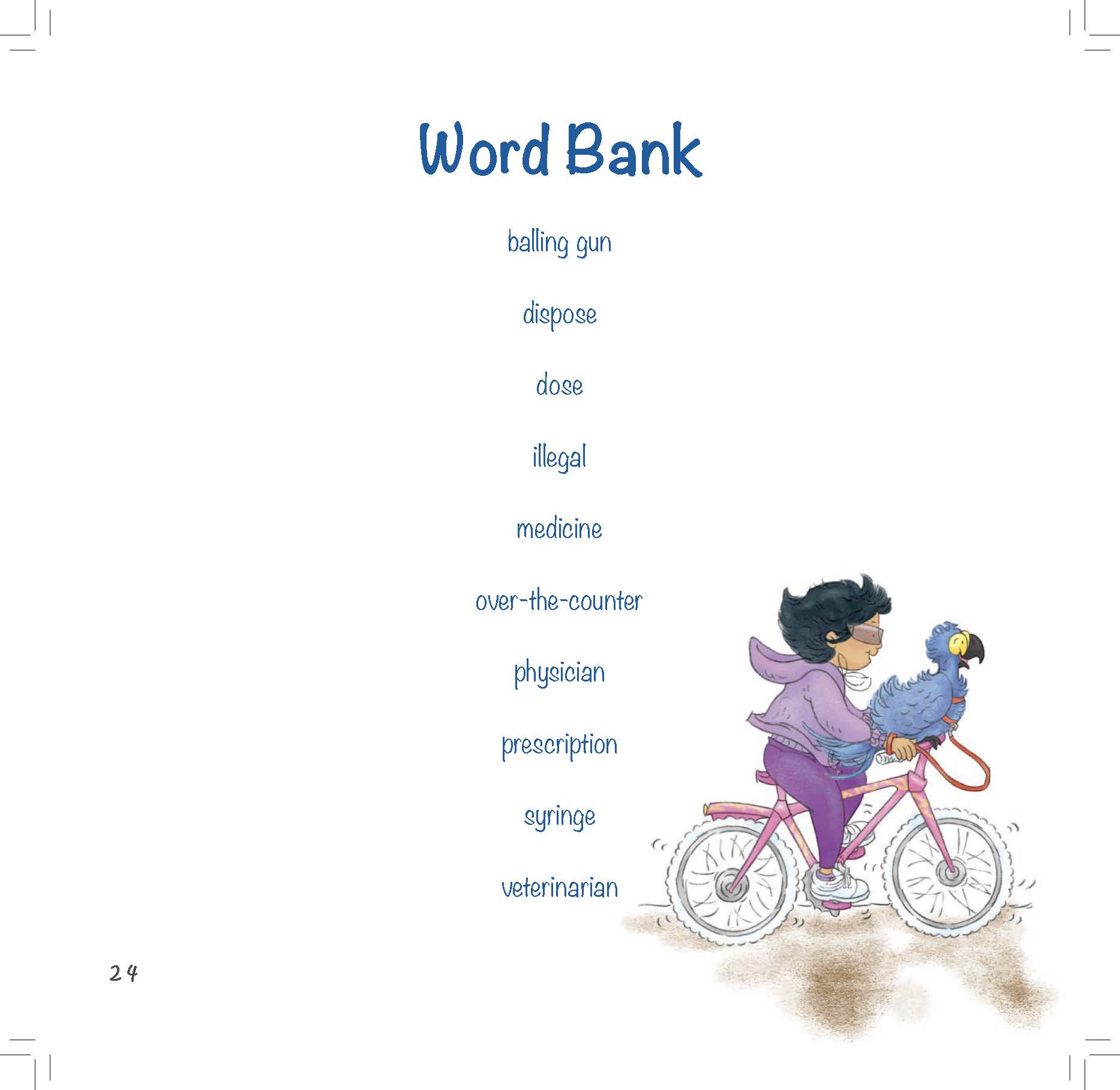 A vocabulary list about medicines appears beside an illustration of a girl riding a bicycle with her macaw.