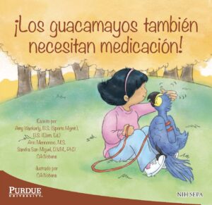 A girl gently holds a blue macaw while sitting outdoors to introduce a story about animals needing medicine.