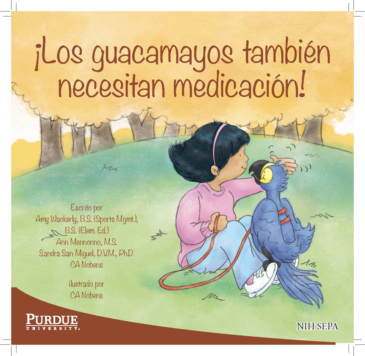 A girl gently holds a blue macaw while sitting outdoors to introduce a story about animals needing medicine.