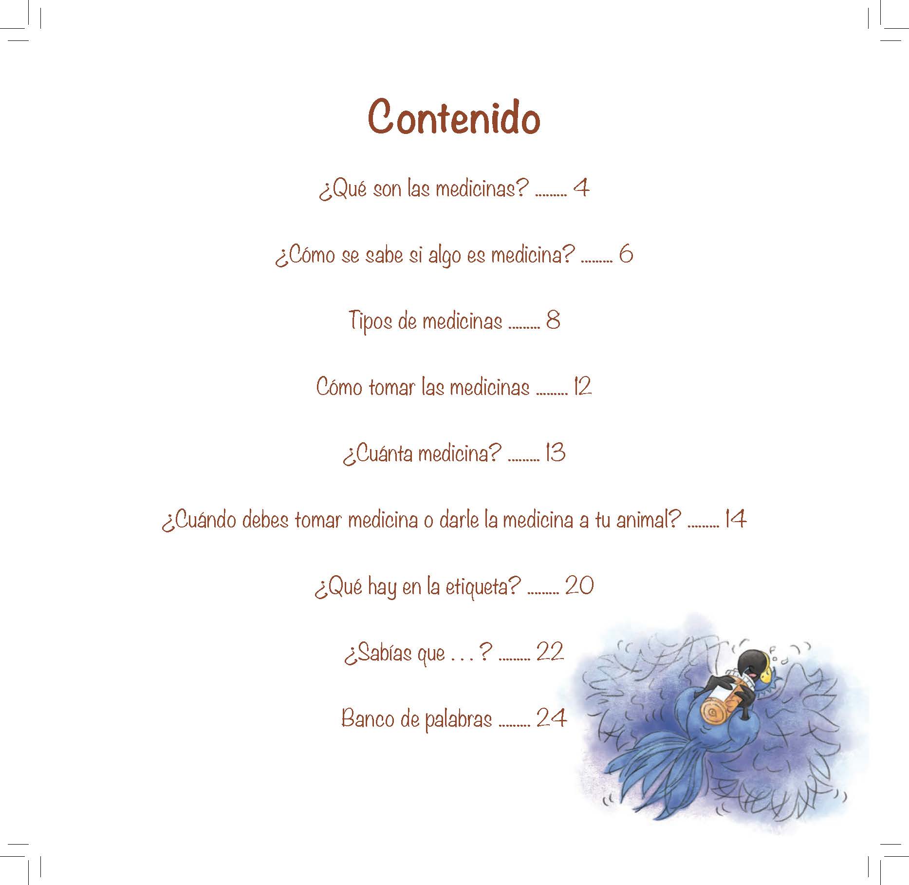 A table of contents lists topics about medicines with a small illustration of a girl cuddling a macaw.