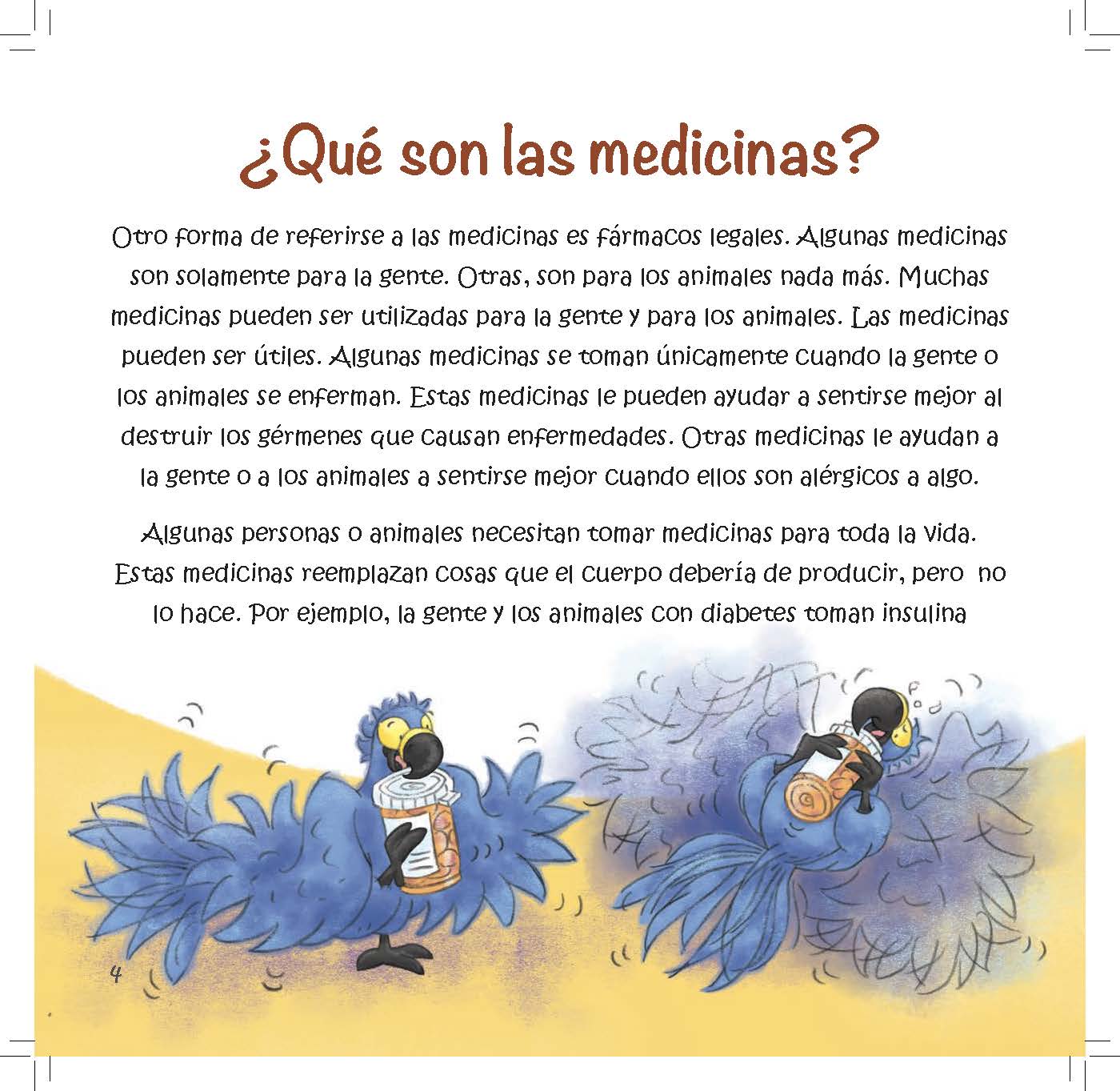 Two macaws rest with pill bottles as text explains that medicines help treat illness or replace substances the body cannot make.