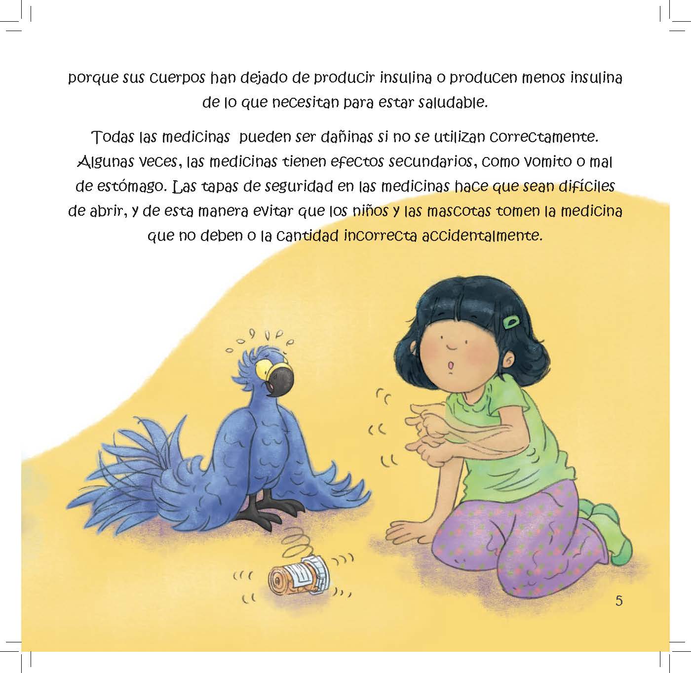 A girl watches a macaw play with a spilled medicine bottle while text explains that medicines can be harmful if not used correctly.