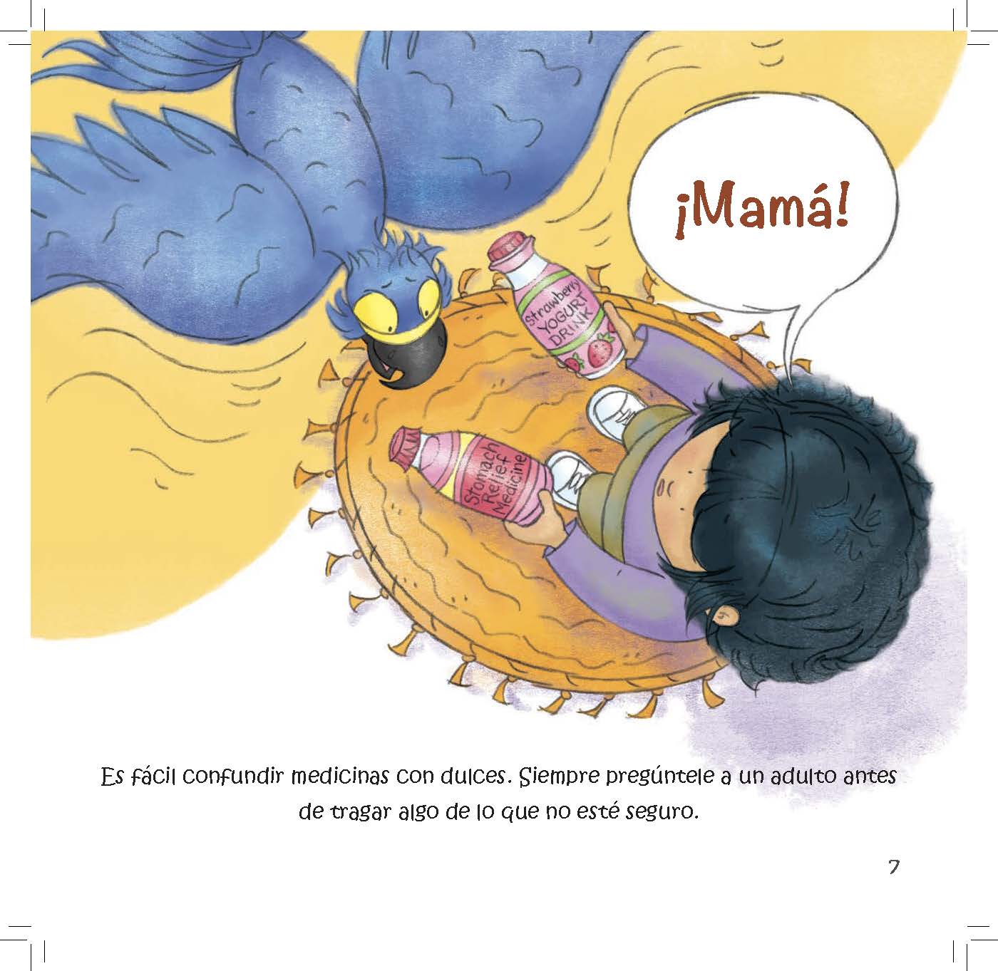 A child calls for an adult while holding a bottle that resembles candy to show the importance of checking before swallowing anything