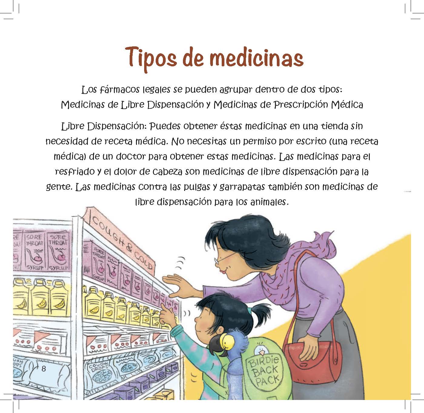 A mother and child look at medicine on a store shelf as text explains over the counter medicines.