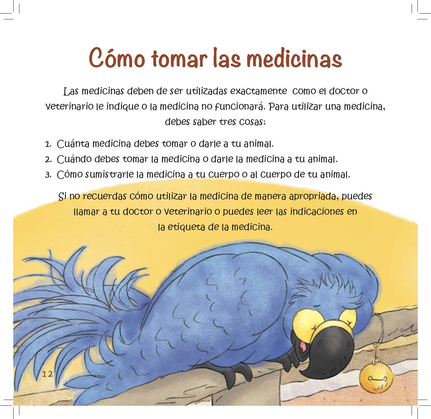 A macaw looks at a pill while text explains that proper medicine use requires knowing dose, timing, and method.
