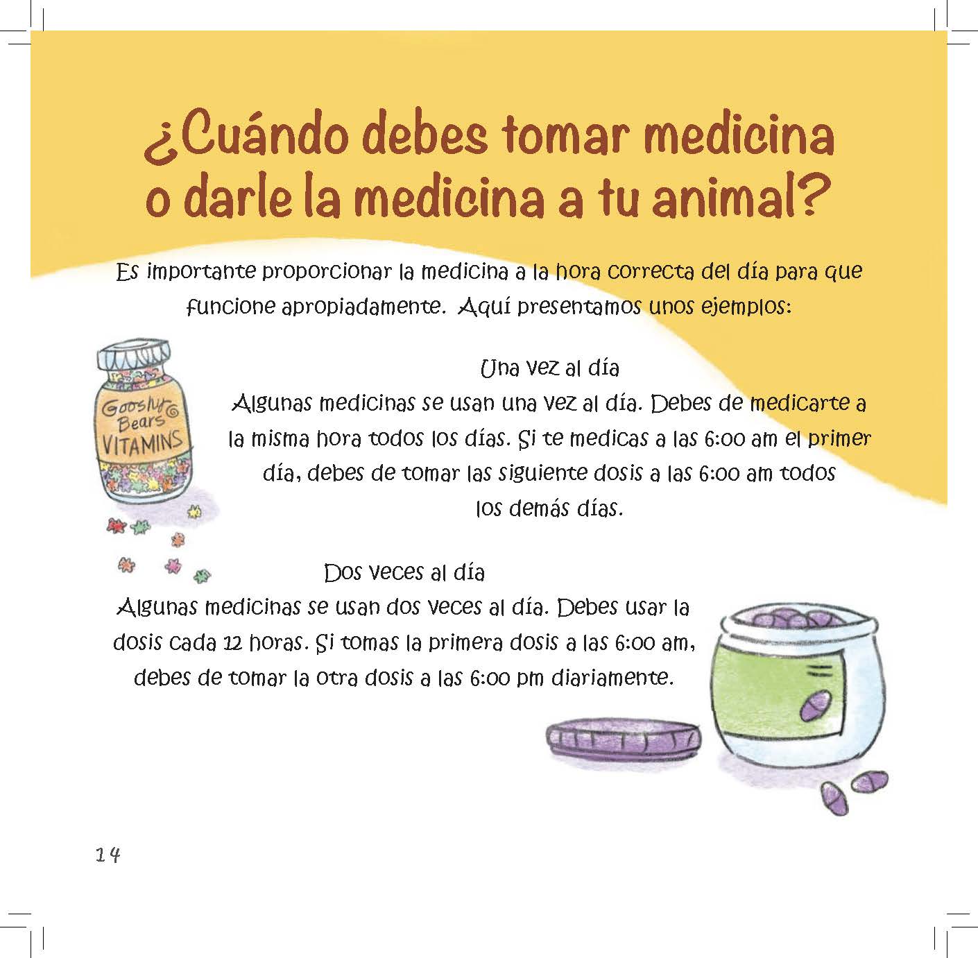 Illustrations of medicine containers accompany text explaining taking medicines once or twice a day at consistent times.