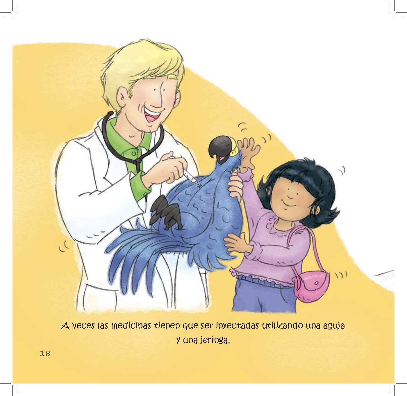 A veterinarian prepares to give the girl’s macaw an injection with a syringe