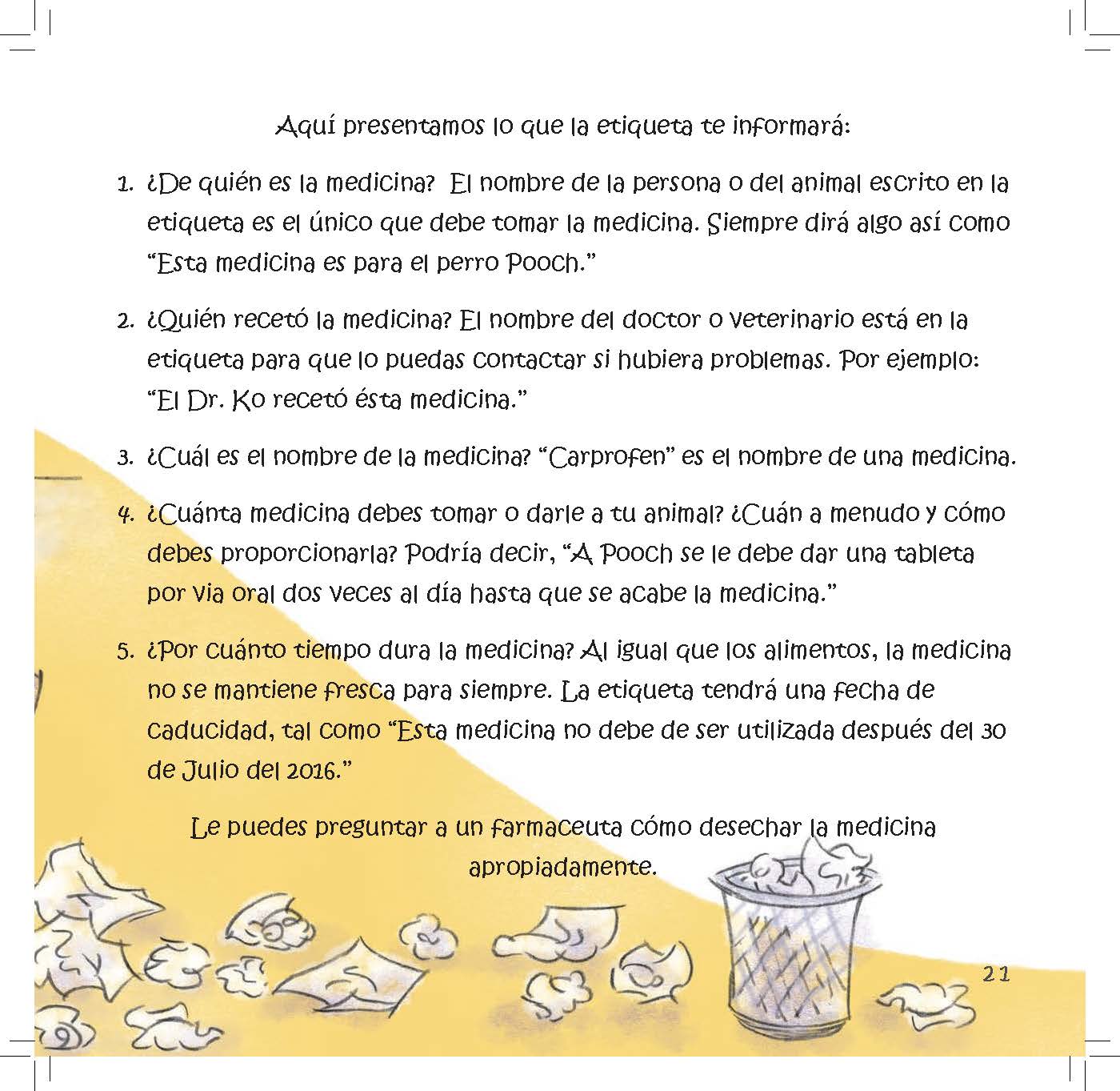 Text explains key parts of a medicine label with a small illustration of a trash bin for disposing unused medicine.
