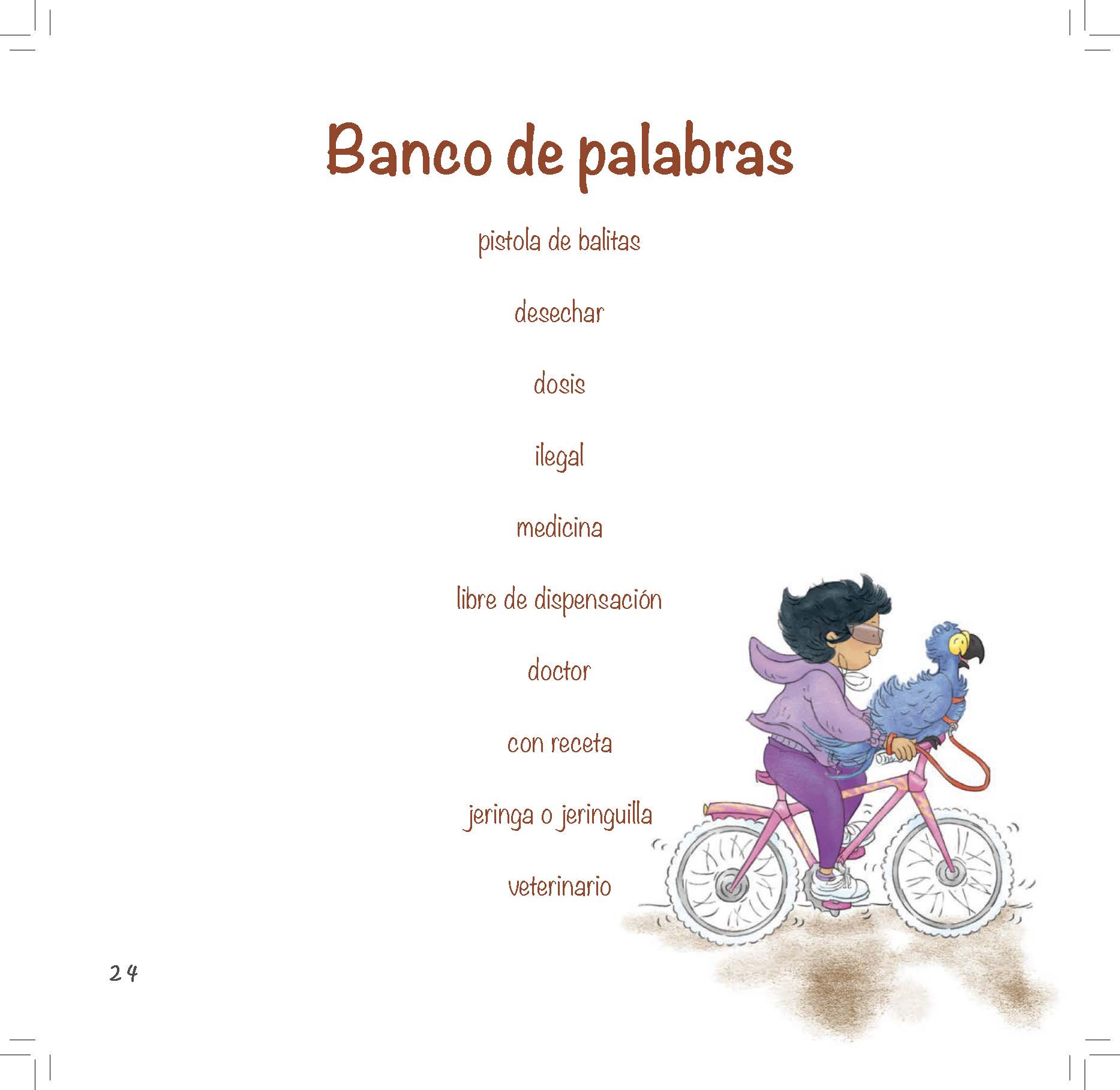 A vocabulary list about medicines appears beside an illustration of a girl riding a bicycle with her macaw.